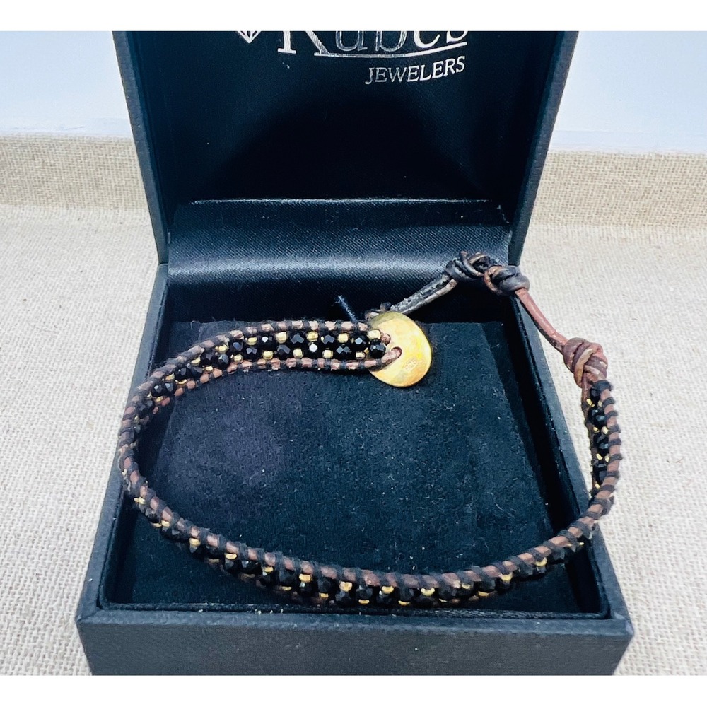Chan Luu Black Onyx Gold Vermeil 925 Sterling Silver Leather Wrap Bracelet